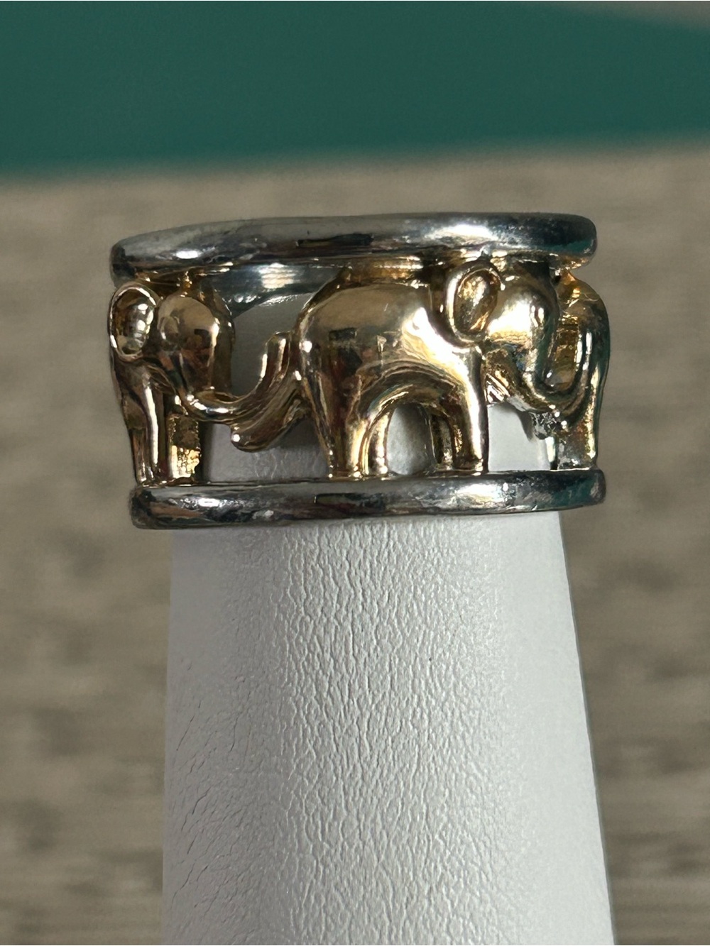 Two-Tone Gold and Silver Tone Elephant Motif Wide Band Boho Ring Size 6.5